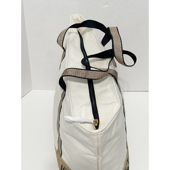 Victoria’s Secret Canvas Tote Structured Shoulder Bag Gold Glitter Cream Color - Picture 7 of 12
